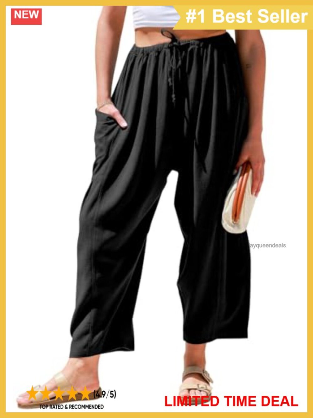Wide Leg Linen Palazzo Harem Pants with Pockets Drawstring
